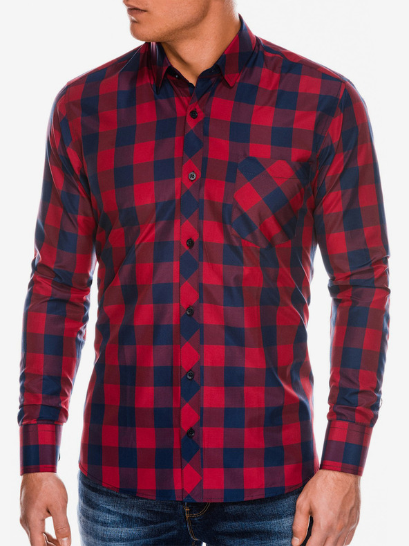 Ombre Clothing K282 férfi kockás hosszú ujjú ing - piros/tengerészkék