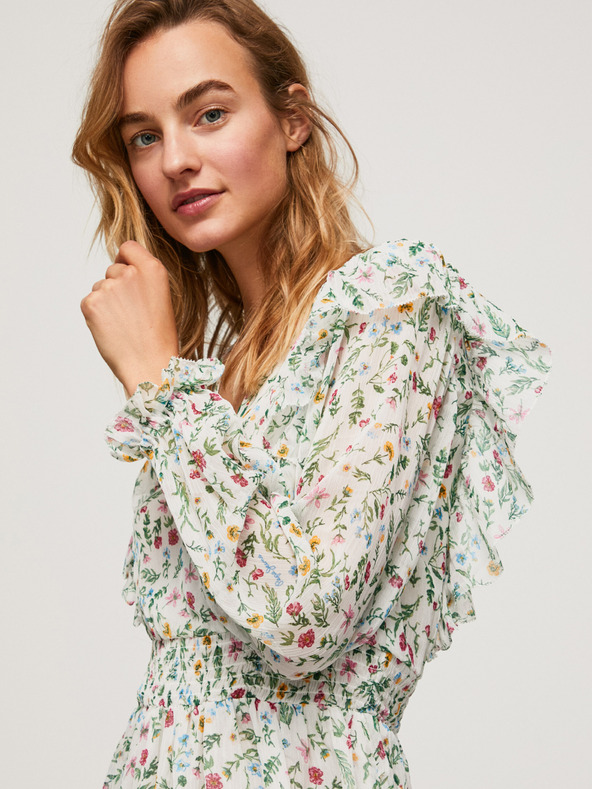 Pepe Jeans Krémszínű virágmintás rövid fodros ruha Pepe Jeans Dina