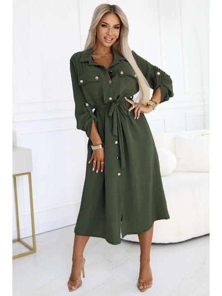numoco 531-5 Midi ingruha arany gombokkal és nyakkendővel - KHAKI