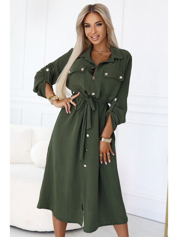 numoco 531-5 Midi ingruha arany gombokkal és nyakkendővel - KHAKI