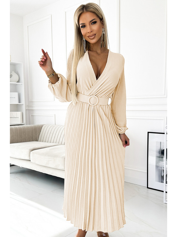 numoco 504-7 VIVIANA Pliszírozott midi ruha V-nyakkal, hosszú ujjal és széles övvel - világos bézs