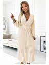 numoco 504-7 VIVIANA Pliszírozott midi ruha V-nyakkal, hosszú ujjal és széles övvel - világos bézs