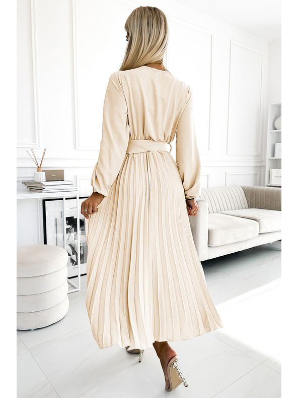 numoco 504-7 VIVIANA Pliszírozott midi ruha V-nyakkal, hosszú ujjal és széles övvel - világos bézs