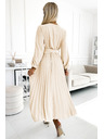 numoco 504-7 VIVIANA Pliszírozott midi ruha V-nyakkal, hosszú ujjal és széles övvel - világos bézs
