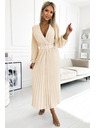 numoco 504-7 VIVIANA Pliszírozott midi ruha V-nyakkal, hosszú ujjal és széles övvel - világos bézs