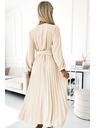 numoco 504-7 VIVIANA Pliszírozott midi ruha V-nyakkal, hosszú ujjal és széles övvel - világos bézs