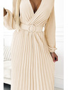 numoco 504-7 VIVIANA Pliszírozott midi ruha V-nyakkal, hosszú ujjal és széles övvel - világos bézs