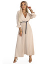 numoco 462-5 SERENA Pliszírozott maxi ruha dekoltázzsal, övvel és 3/4 ujjakkal - SÖTÉT BÉZS
