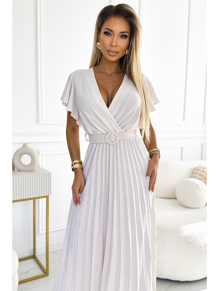 numoco 585-1 Pliszírozott nyári midi ruha dekoltázzsal és széles övvel - ecru