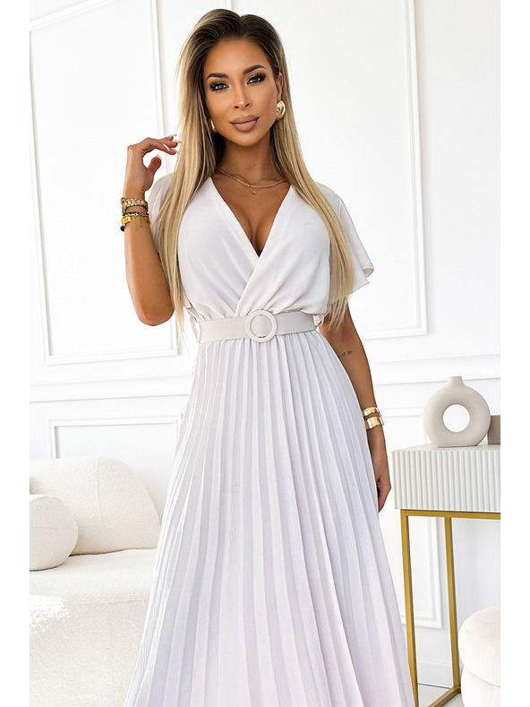 numoco 585-1 Pliszírozott nyári midi ruha dekoltázzsal és széles övvel - ecru