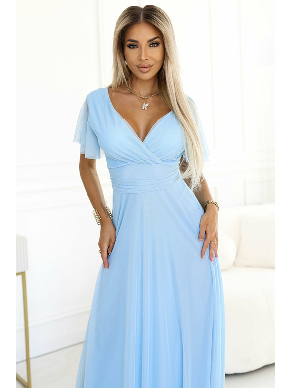 numoco 562-5 NASTIA Hosszú dekoltázsos rövid ujjú ruha - világoskék