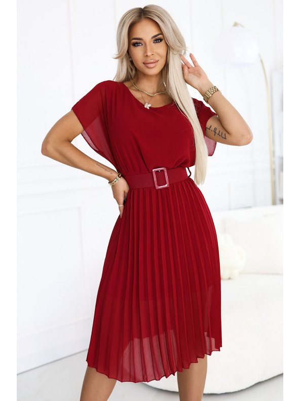 numoco 465-5 MIA Pliszírozott chiffon midi ruha széles övvel - bordó