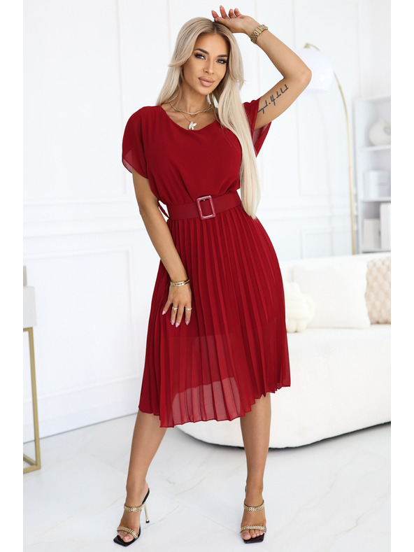 numoco 465-5 MIA Pliszírozott chiffon midi ruha széles övvel - bordó