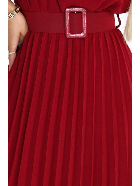numoco 465-5 MIA Pliszírozott chiffon midi ruha széles övvel - bordó