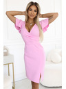 numoco 479-10 NINA elegáns V-nyakú ruha ujjakkal és övvel - cukorka rózsaszín