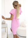 numoco 479-10 NINA elegáns V-nyakú ruha ujjakkal és övvel - cukorka rózsaszín