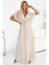 numoco 545-3 Hosszú pliszírozott dekoltázsos ruha megkötővel - bézs