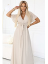 numoco 545-3 Hosszú pliszírozott dekoltázsos ruha megkötővel - bézs