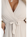 numoco 545-3 Hosszú pliszírozott dekoltázsos ruha megkötővel - bézs