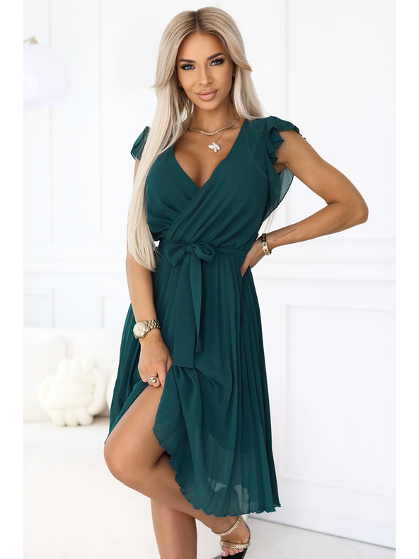 numoco 374-8 POLINA pliszírozott dekoltázsos fodros ruha - zöld