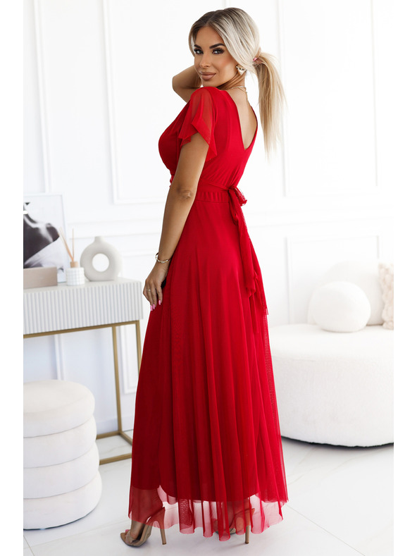 numoco 562-7 NASTIA hosszú dekoltázsos rövid ujjú ruha - piros