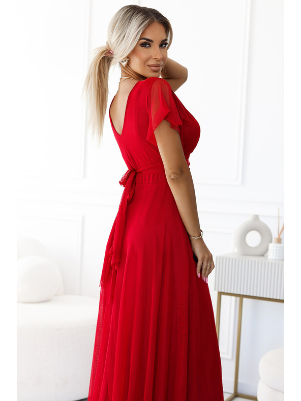 numoco 562-7 NASTIA hosszú dekoltázsos rövid ujjú ruha - piros