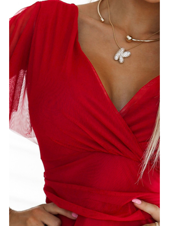 numoco 562-7 NASTIA hosszú dekoltázsos rövid ujjú ruha - piros