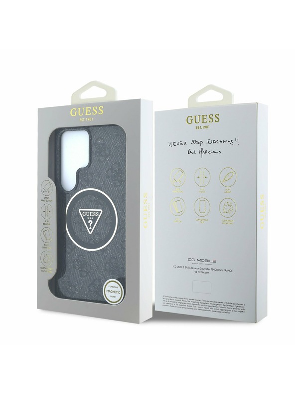 Guess IML 4G Glitter and Triangle Logo MagSafe Zadní Kryt pro Samsung Galaxy S25 Ultra Black Telefontok