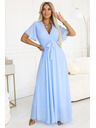 numoco 545-2 Hosszú ruha pliszírozott dekoltázzsal és megkötővel - világoskék
