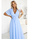 numoco 545-2 Hosszú ruha pliszírozott dekoltázzsal és megkötővel - világoskék