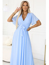numoco 545-2 Hosszú ruha pliszírozott dekoltázzsal és megkötővel - világoskék