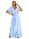 numoco 545-2 Hosszú ruha pliszírozott dekoltázzsal és megkötővel - világoskék
