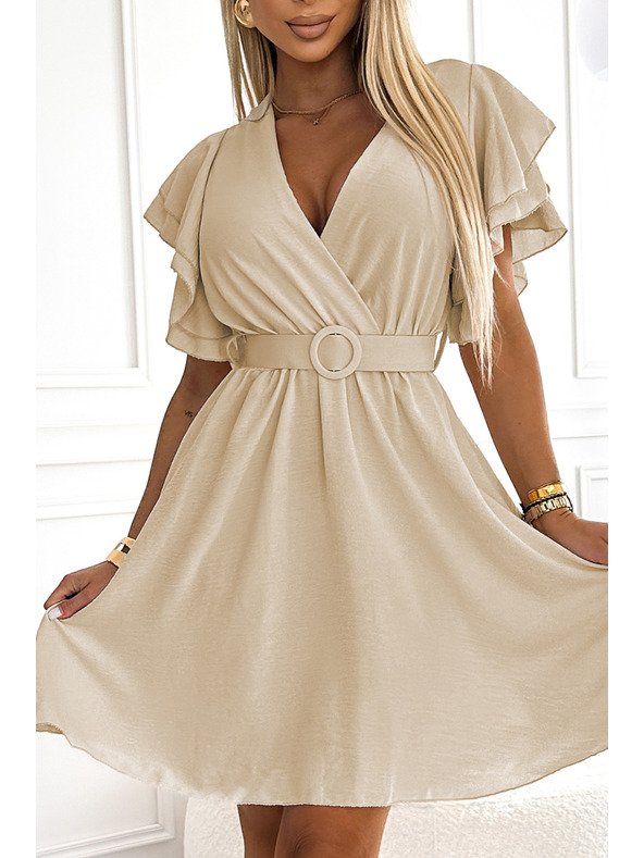 numoco 586-1 Női ruha borítéknyakkal, ujjakkal és övvel - bézs