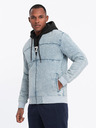 Ombre Clothing Férfi denim bomberdzseki kőmosás hatású - világoskék V3 OM-JADJ-0163 Ombre Ruházat