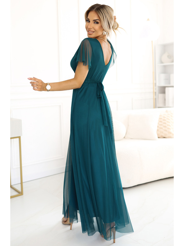 numoco 562-4 NASTIA Hosszú ruha dekoltázzsal és rövid ujjakkal - zöld