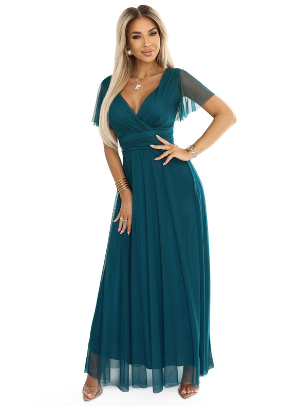 numoco 562-4 NASTIA Hosszú ruha dekoltázzsal és rövid ujjakkal - zöld