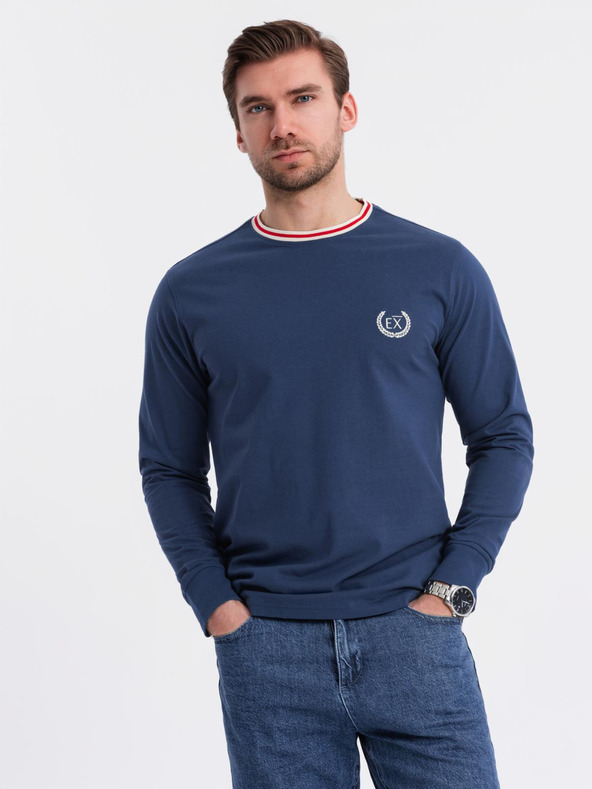 Ombre Clothing Ombre Clothing férfi hosszú ujjú pamut póló csíkos U-nyakkal és hímzéssel