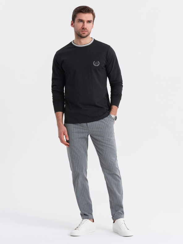 Ombre Clothing Ombre Clothing férfi hosszú ujjú pamut póló csíkos U-nyakkal és hímzéssel