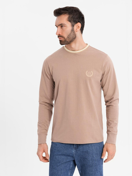 Ombre Clothing Ombre Clothing férfi hosszú ujjú pamut póló csíkos U-nyakkal és hímzéssel