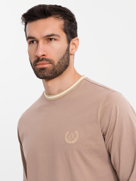Ombre Clothing Ombre Clothing férfi hosszú ujjú pamut póló csíkos U-nyakkal és hímzéssel