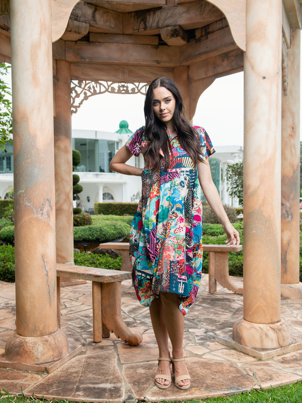 Orientique Türkiz és lila Orientique Onikawa női mintás női ruha