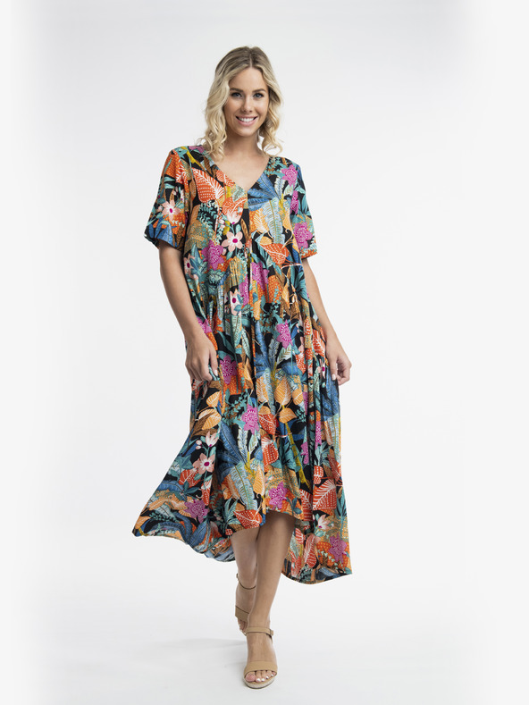 Orientique Narancssárga és kék Orientique Paphos női mintás maxiruha