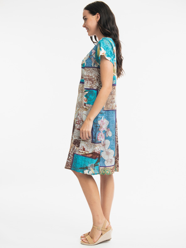 Orientique Orientique Leonardo barna és kék női mintás lenvászon ruha