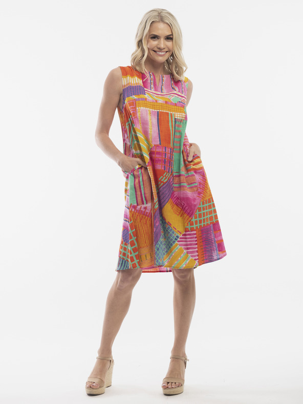 Orientique Orientique narancssárga és rózsaszín női mintás ruha zsebekkel