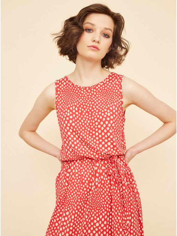 ZOOT.lab Bézs és piros mintás midi ruha nyakkendővel ZOOT.lab Zula