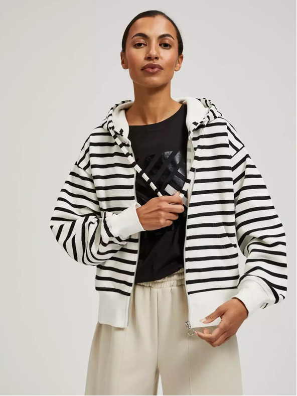 Moodo Fekete-fehér csíkos cipzáras kapucnis pulóver Moodo