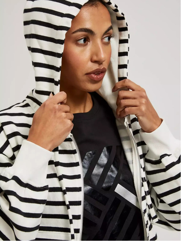 Moodo Fekete-fehér csíkos cipzáras kapucnis pulóver Moodo